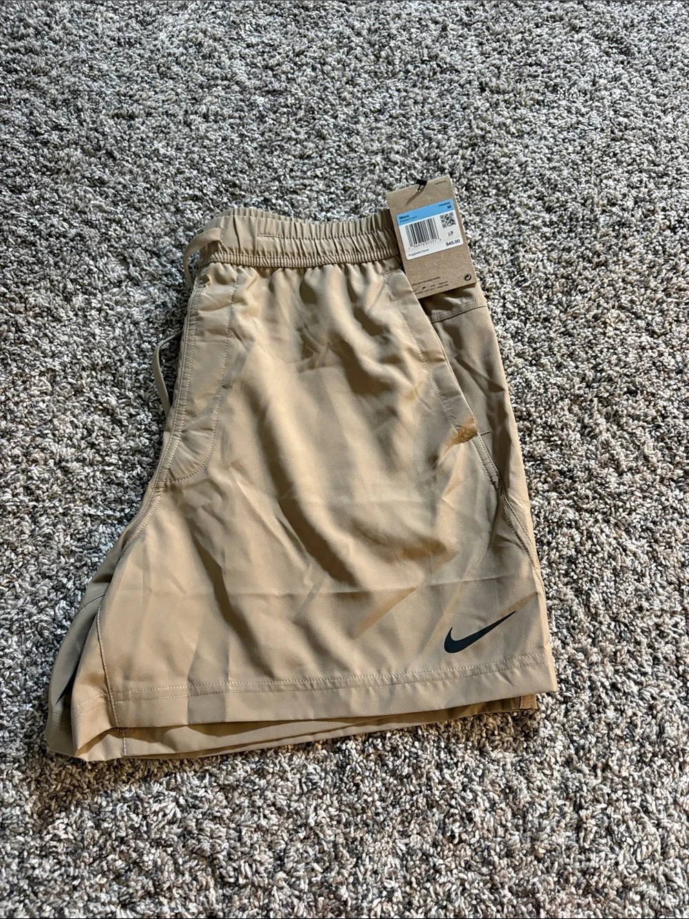 Nike Men's Khaki Athletic Shorts with Black Swoosh